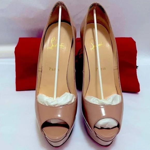 Christian Louboutin, Lady Peep 140 Nude Patent peep toe pump. EU 37.5 - Picture 3 of 13